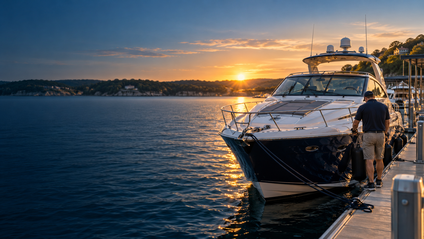 A professionally cared-for motor yacht at a North Texas marina at sunset